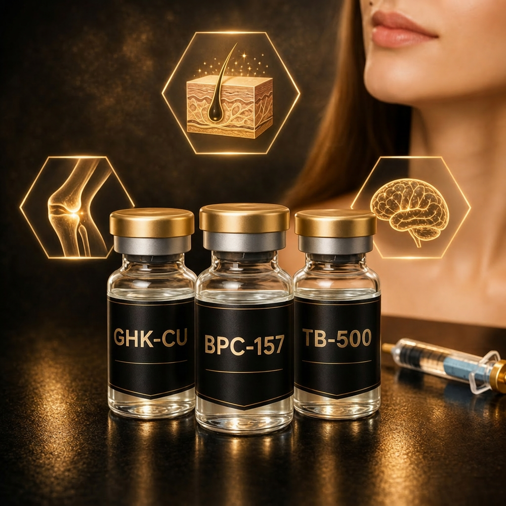 BPC-157, TB-500, and GHK-Cu peptide vials side-by-side with gold caps