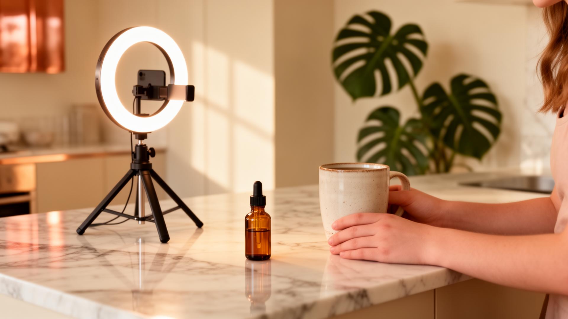 A content creator's marble countertop with a ring light, smartphone on a tripod, and a small amber dropper bottle in warm sunlight.