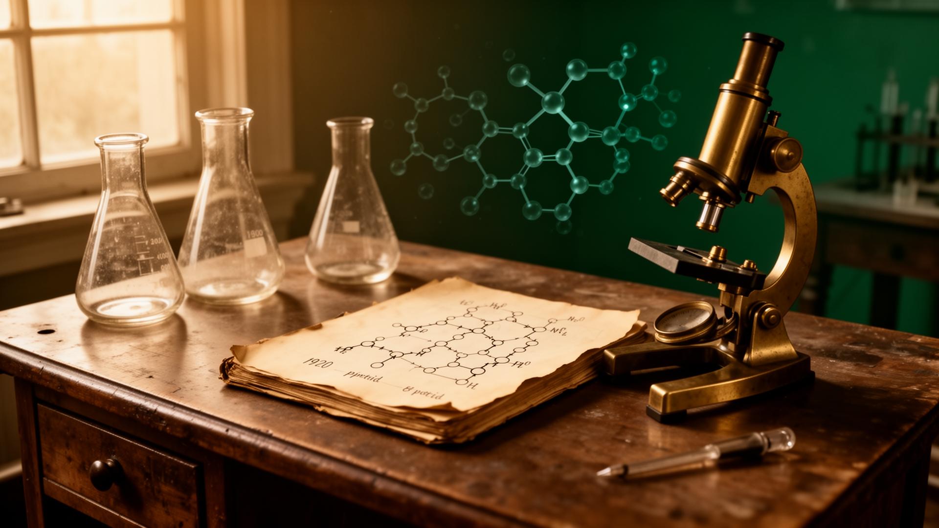 Vintage laboratory bench with antique flasks, brass microscope, and a 1920s notebook of peptide diagrams.