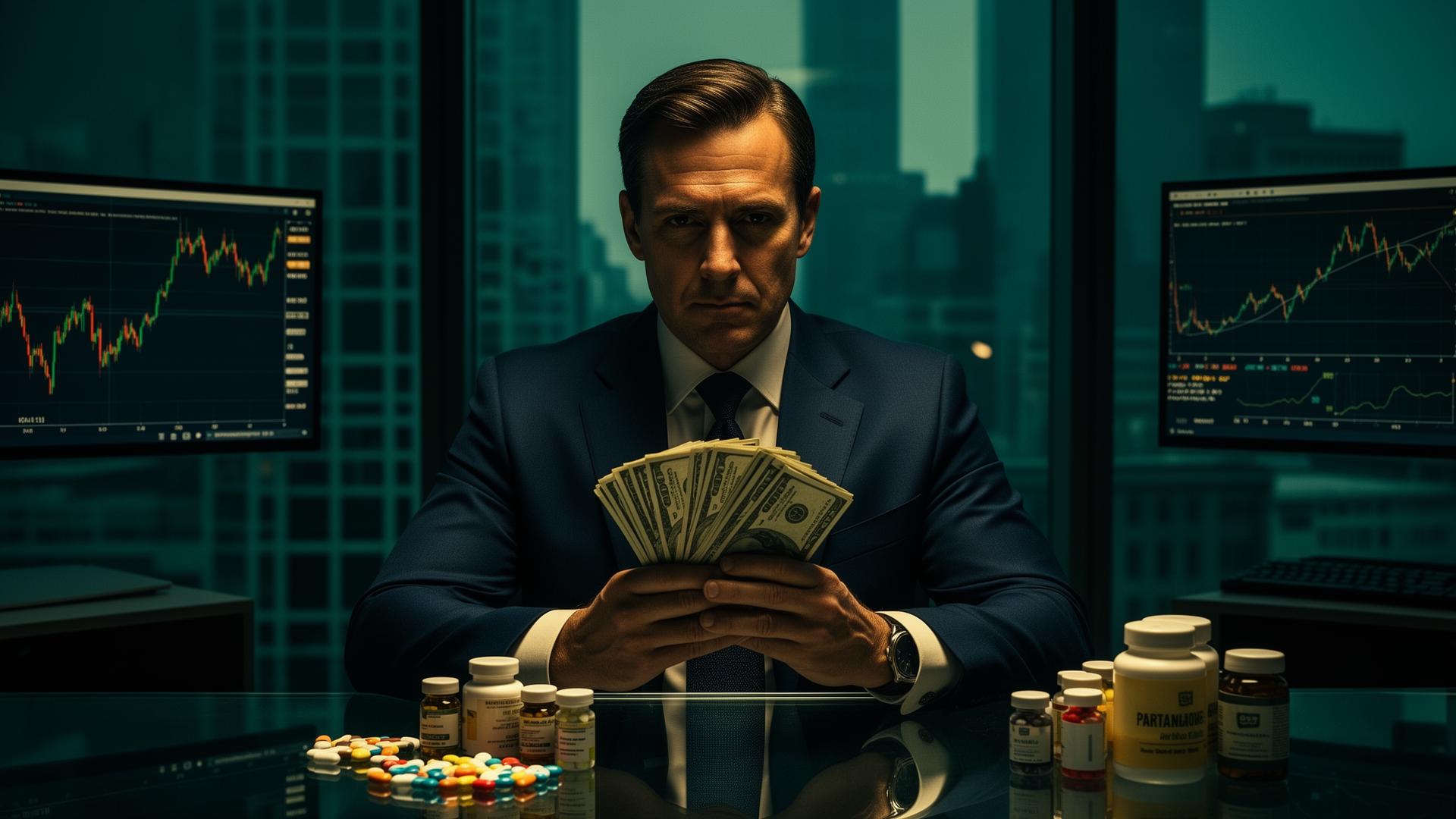 A pharmaceutical executive in a navy suit holding a fan of hundred dollar bills at a glass desk lined with pill bottles, stock charts on screens behind him.