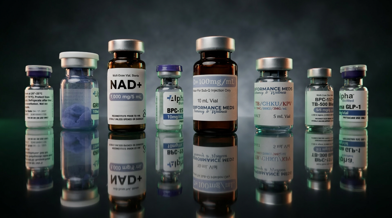 A row of pharmaceutical-grade peptide vials with sterile labels on a polished surface